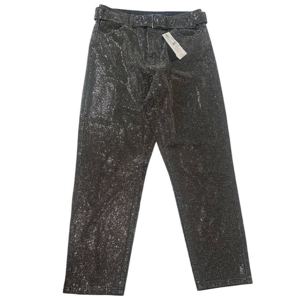 TopShop Sparkling Charcoal Denim Rhinestone Trousers with Belt
